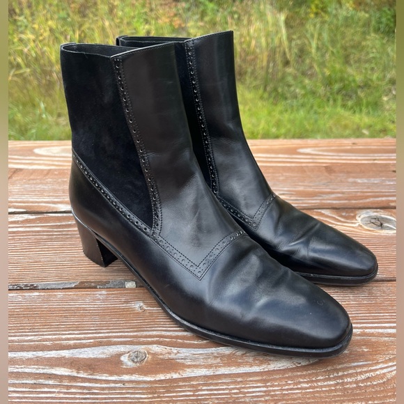 Salvatore Ferragamo Black Calf Leather and Suede Fregio Ankle Boots Women’s 8.5 - Picture 1 of 14